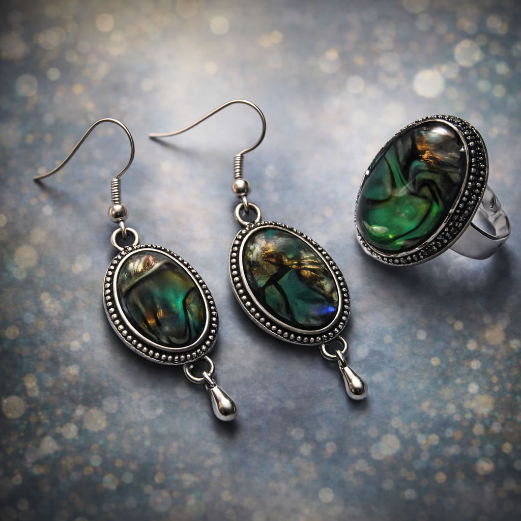 Set de bijuterii cercei si inel reglabil cu sidef Paua