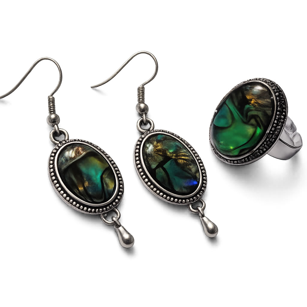 Set de bijuterii cercei si inel reglabil cu sidef Paua