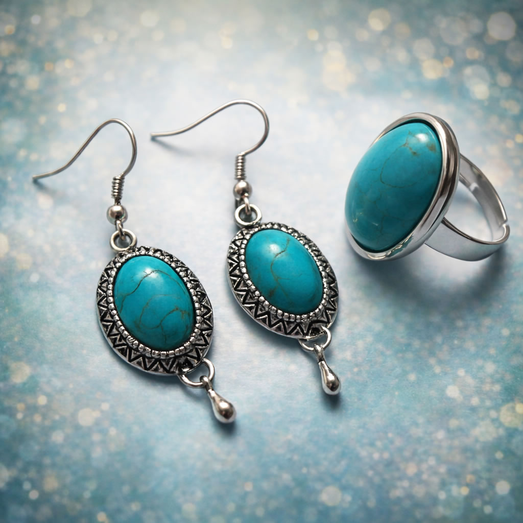 Set de bijuterii cu turcoaz cercei si inel reglabil - 192900