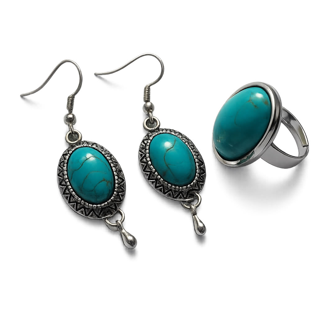 Set de bijuterii cu turcoaz cercei si inel reglabil - 192900