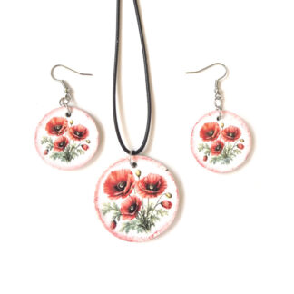 Set bijuterii din lemn cu model maci